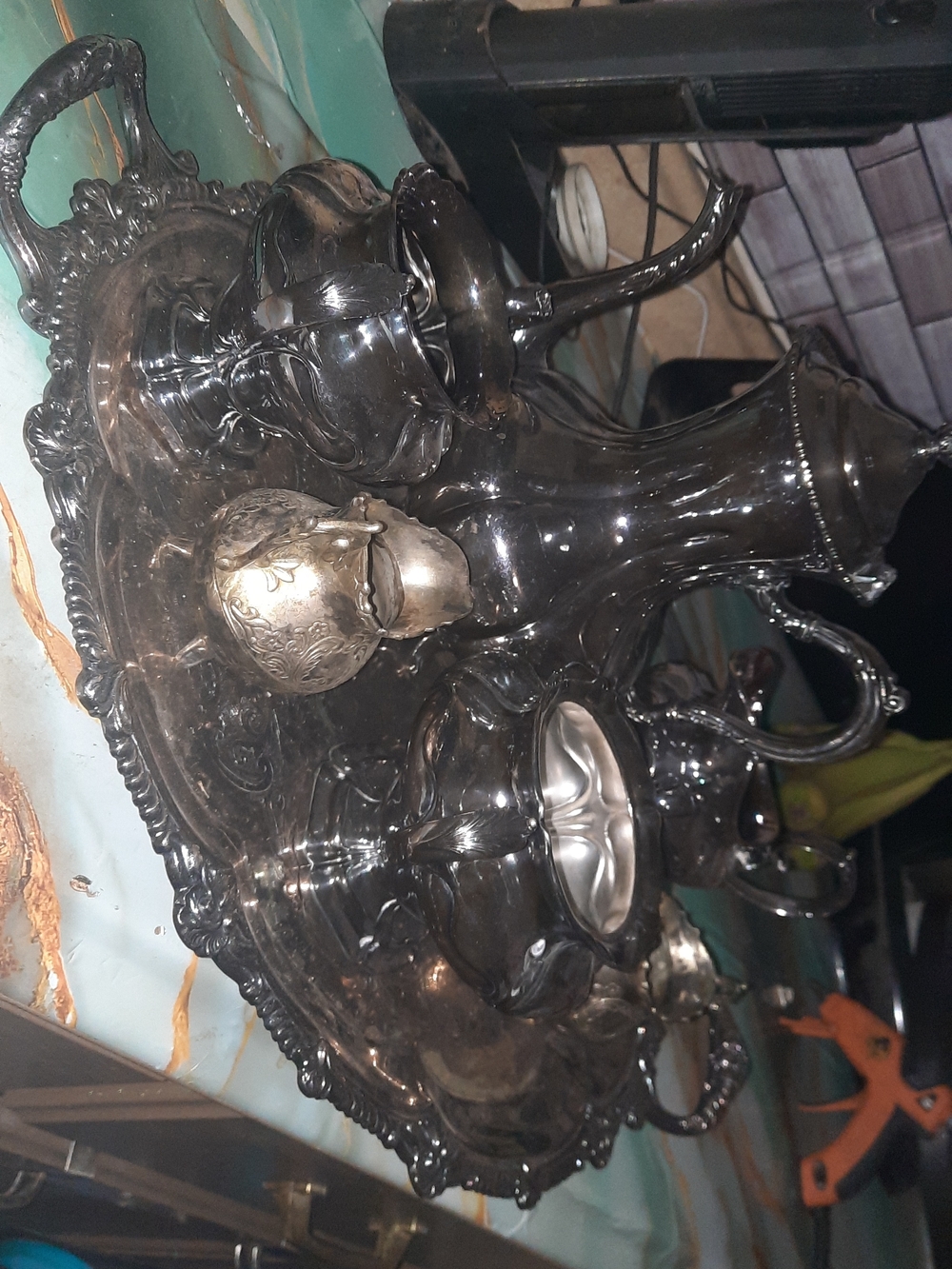 Vintage Silver Plated Tea Set with Ornate Tray